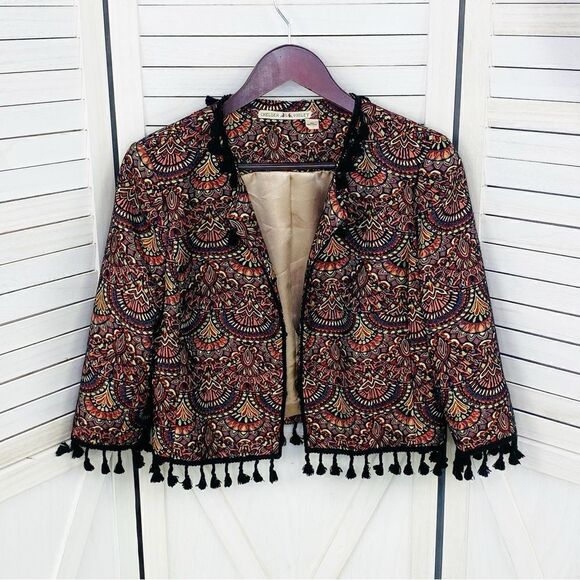 Chelsea & Violet Boho Brocade Jacquard Tassel Trim Crop Jacket Small - Picture 8 of 14
